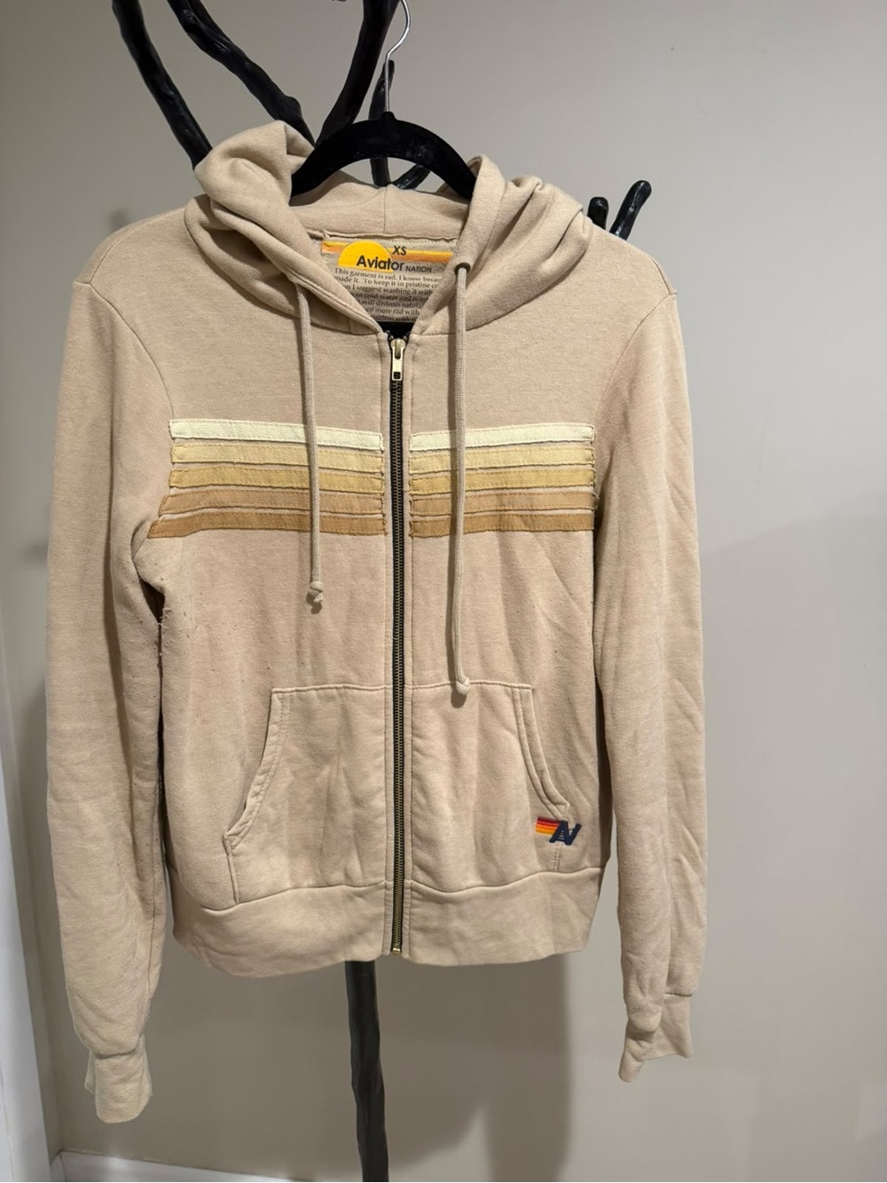 Aviator Nation Beige Zip Hoodie with Retro Stripe XS